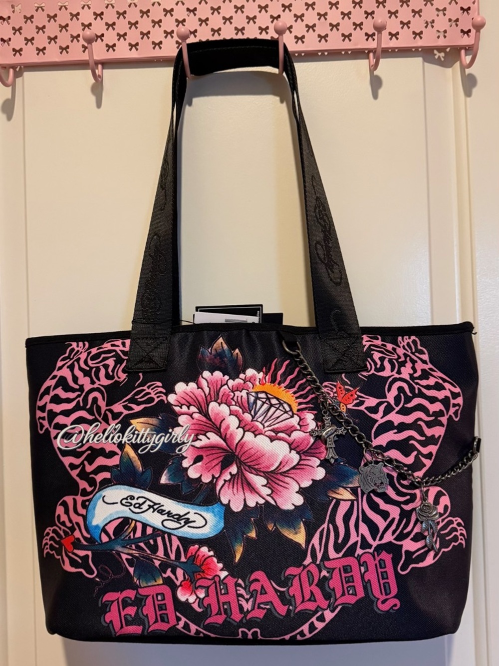 Ed Hardy Black and Pink Floral Tote with Chain Charm